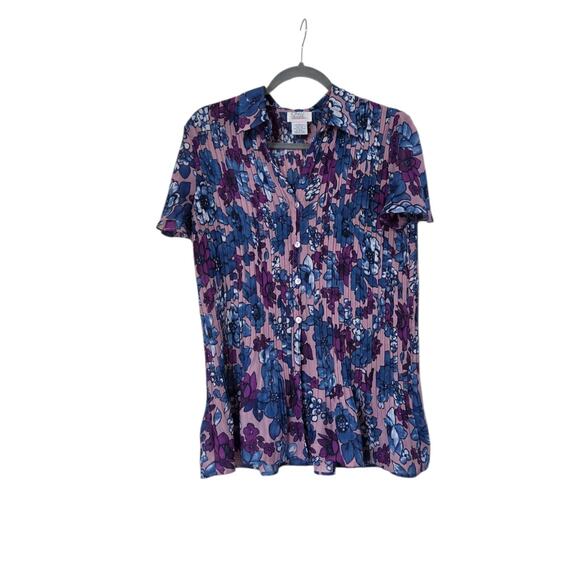Only Necessities Vintage Inspired Purple Floral Fully Pleated Buttondown, Medium - Picture 1 of 13